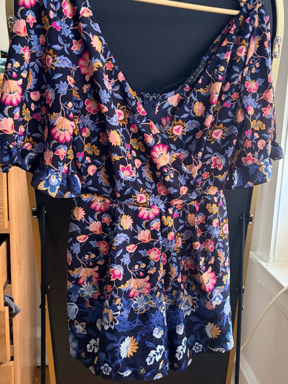 Trixxi Navy Floral Embroidered Romper with Pink & Gold Accents